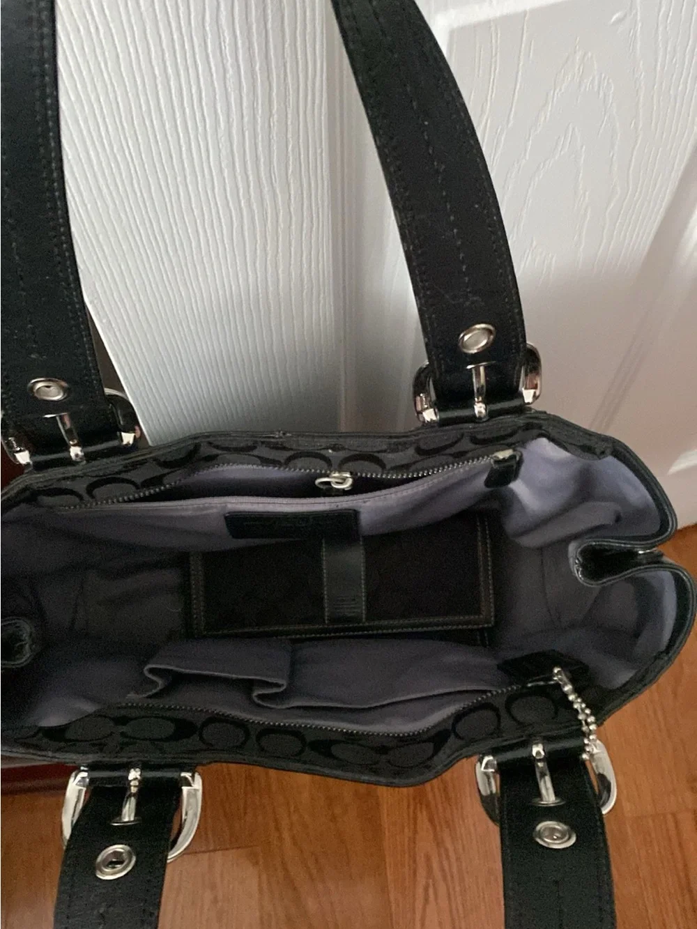Coach Black Signature Shoulder Bag with Patent Trim